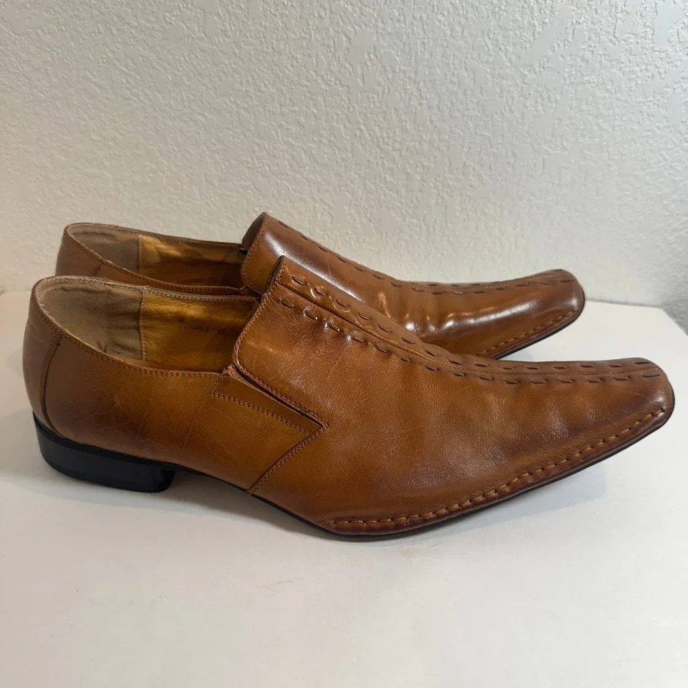 Zota Mens Dress Loafers Leather Square‎ Toe Stitched Slip On Shoes Brown 12